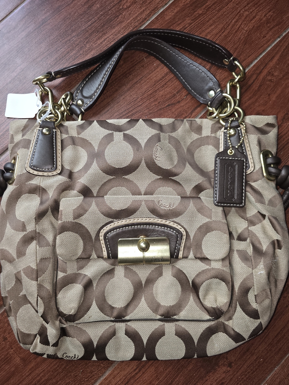 Coach Tan and Brown Signature Circle Canvas Shoulder Bag with Gold Hardware